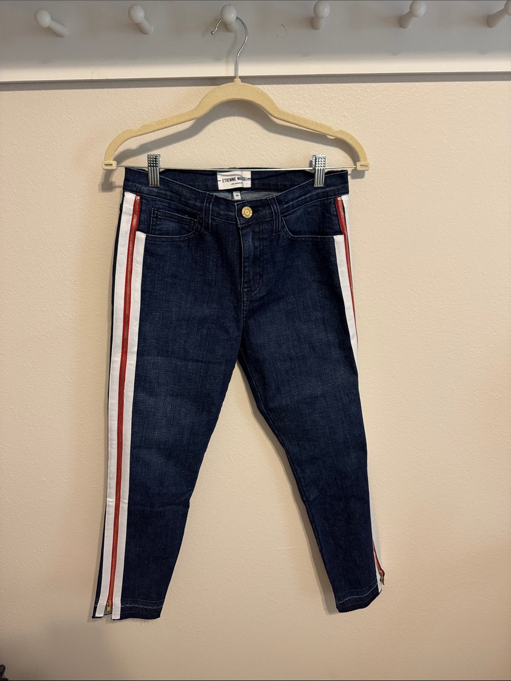 Slim Dark Blue Skinny Jeans with Red & White Side Stripes - Women